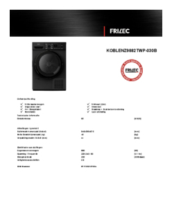 Product informatie FRILEC droger warmtepomp KOBLENZ9882TWP 030B