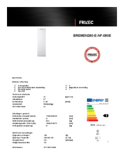 Product informatie FRILEC vrieskast inbouw BREMEN280 E NF 080E