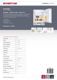 Product informatie INVENTUM koelkast onderbouw IKV0822D