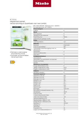 Product informatie MIELE koelkast inbouw K7115E