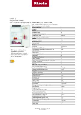 Product informatie MIELE koelkast inbouw K7116E