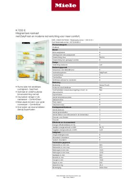 Product informatie MIELE koelkast inbouw K7233E