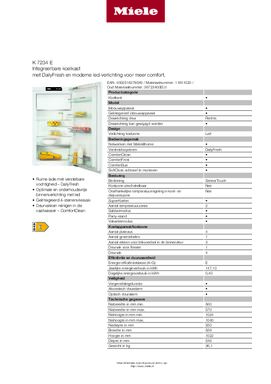 Product informatie MIELE koelkast inbouw K7234E