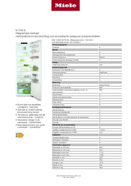 Product informatie MIELE koelkast inbouw K7733E