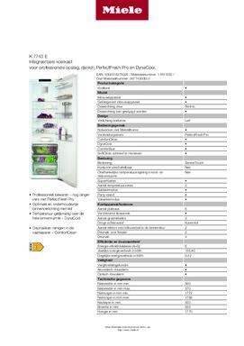 Product informatie MIELE koelkast inbouw K7743E