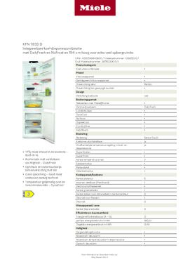 Product informatie MIELE koelkast inbouw KFN 7833 D