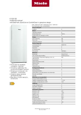 Product informatie MIELE koelkast wit K4323ED WS