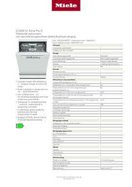 Product informatie MIELE vaatwasser G5833 SC BW