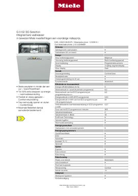 Product informatie MIELE vaatwasser inbouw G5132i brws