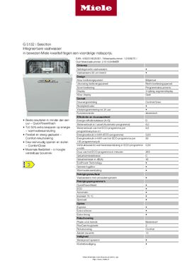 Product informatie MIELE vaatwasser inbouw G5132i clst