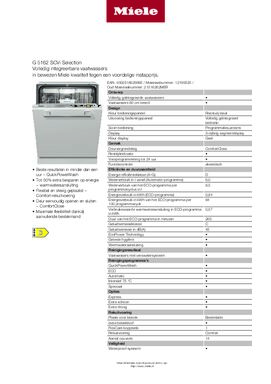 Product informatie MIELE vaatwasser inbouw G5162 SCVi
