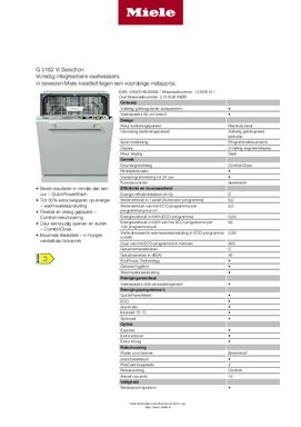 Product informatie MIELE vaatwasser inbouw G5162 Vi