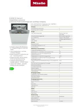 Product informatie MIELE vaatwasser inbouw G5632 SCI CLST