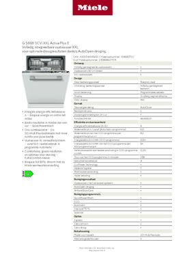Product informatie MIELE vaatwasser inbouw G5868 SCVI XXL