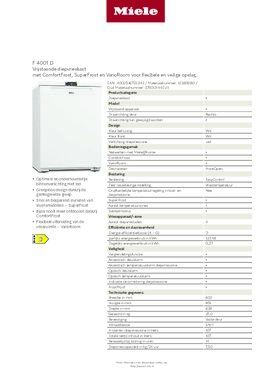 Product informatie MIELE vrieskast tafelmodel F 4001 D WS