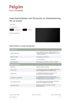Product informatie PELGRIM kookplaat inbouw inductie IK893