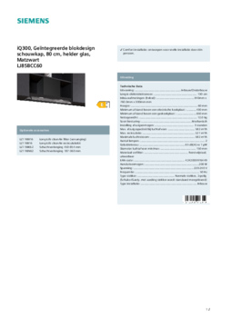 Product informatie SIEMENS afzuigkap inbouw LJ85BCC60