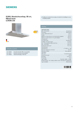 Product informatie SIEMENS afzuigkap wand LC95BCC30