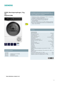 Product informatie SIEMENS droger warmtepomp WQ45H2A9NL