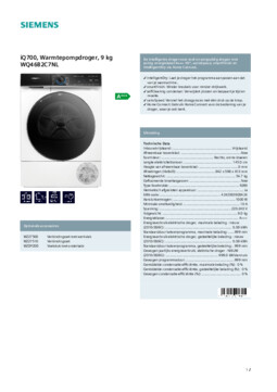 Product informatie SIEMENS droger warmtepomp WQ46B2C7NL