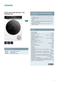 Product informatie SIEMENS droger warmtepomp WQ46B2D7NL