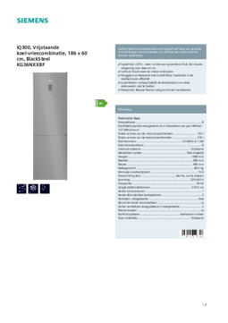 Product informatie SIEMENS koelkast blacksteel KG36NXXBF