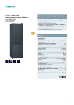 Product informatie SIEMENS koelkast blacksteel KG36NXXEA