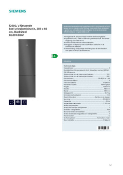 Product informatie SIEMENS koelkast blacksteel KG39N2XAF