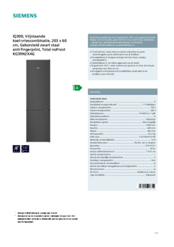Product informatie SIEMENS koelkast blacksteel KG39N2XAG