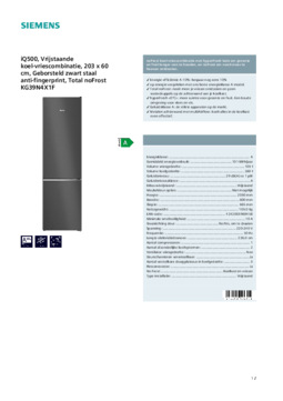 Product informatie SIEMENS koelkast blacksteel KG39N4X1F