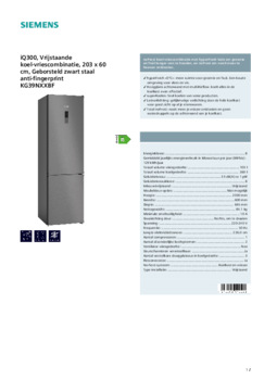 Product informatie SIEMENS koelkast blacksteel KG39NXXBF