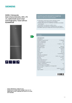 Product informatie SIEMENS koelkast blacksteel KG49N4XAF