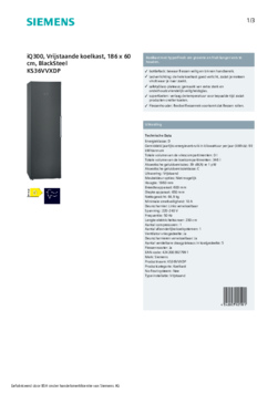 Product informatie SIEMENS koelkast blacksteel KS36VVXDP