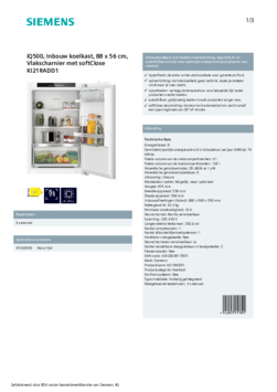 Product informatie SIEMENS koelkast inbouw KI21RADD1