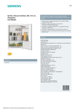 Product informatie SIEMENS koelkast inbouw KI21RNSE0