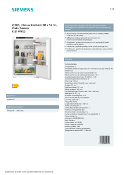Product informatie SIEMENS koelkast inbouw KI21RVFE0