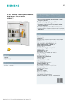 Product informatie SIEMENS koelkast inbouw KI22L2FE1