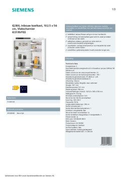 Product informatie SIEMENS koelkast inbouw KI31RVFE0