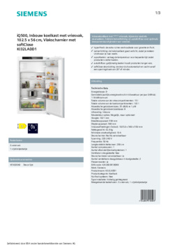 Product informatie SIEMENS koelkast inbouw KI32LADD1