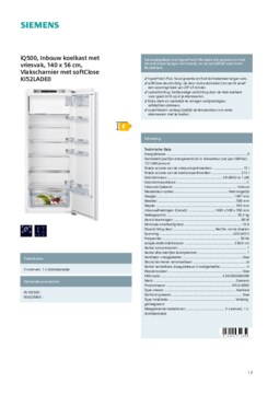 Product informatie SIEMENS koelkast inbouw KI52LADE0