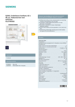 Product informatie SIEMENS koelkast onderbouw KU21RADE0