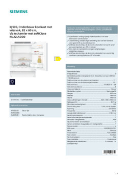 Product informatie SIEMENS koelkast onderbouw KU22LADD0