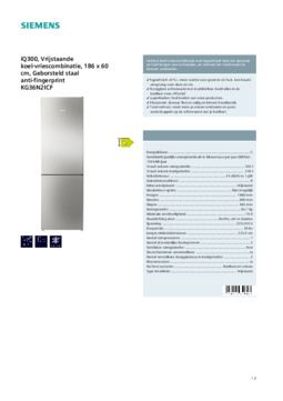 Product informatie SIEMENS koelkast rvs KG36N2ICF