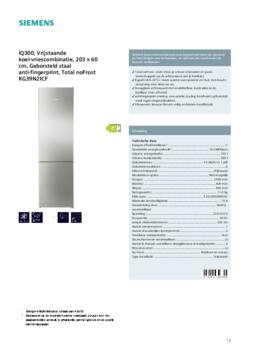 Product informatie SIEMENS koelkast rvs KG39N2ICF