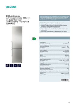 Product informatie SIEMENS koelkast rvs KG39NAIAU