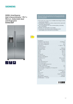 Product informatie SIEMENS koelkast side by side rvs KA93GAIDP
