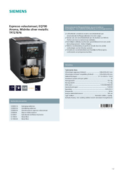 Product informatie SIEMENS koffiemachine TP727EF6