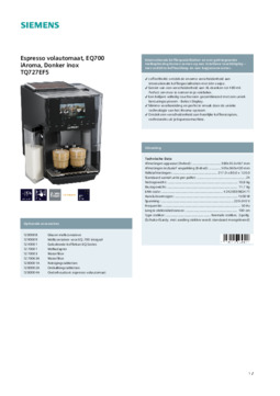 Product informatie SIEMENS koffiemachine TQ727EF5