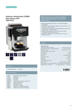 Product informatie SIEMENS koffiemachine TQ927FZ3
