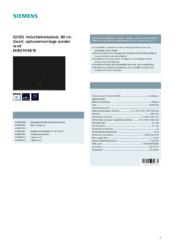 Product informatie SIEMENS kookplaat inbouw inductie EH831HEB1E